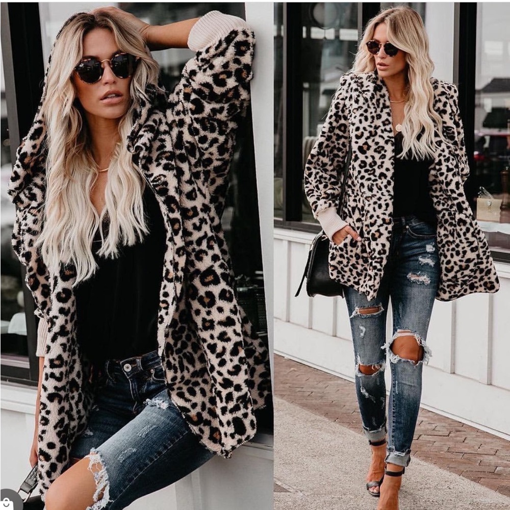 Women Leopard hooded jacket plush warm fuzzy jacket - Picture 2 of 7